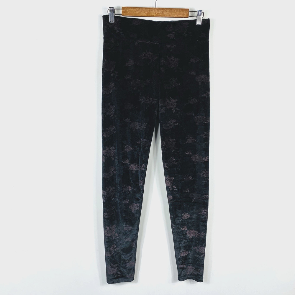 Diane Gilman DG2 Size Small Floral Print Stretch Velvet Knit Leggings Black